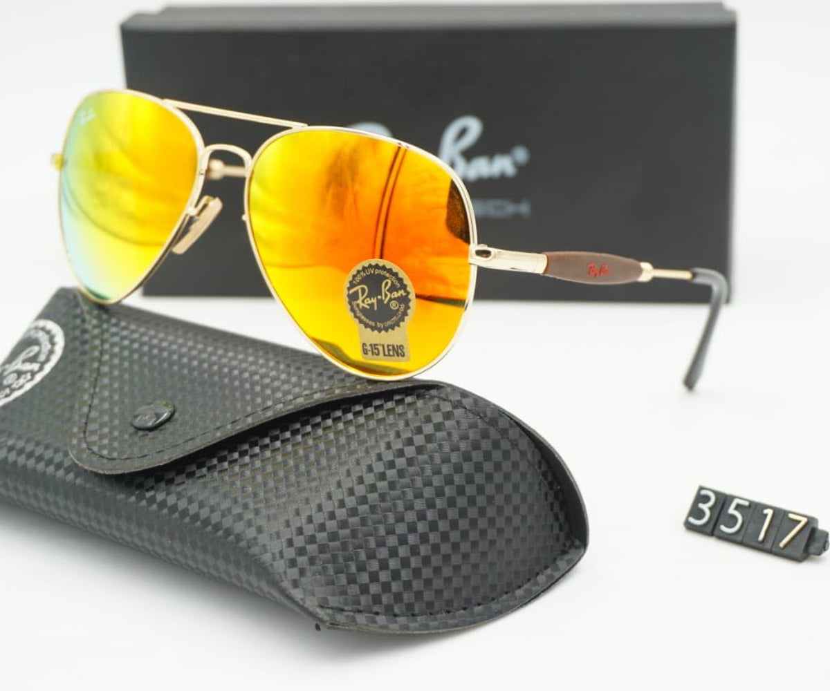 RB Ray-Ban New Design Orange & Gold 3517 Oval Trendy Hot Favorite Master Pcs Sunglass For Men.