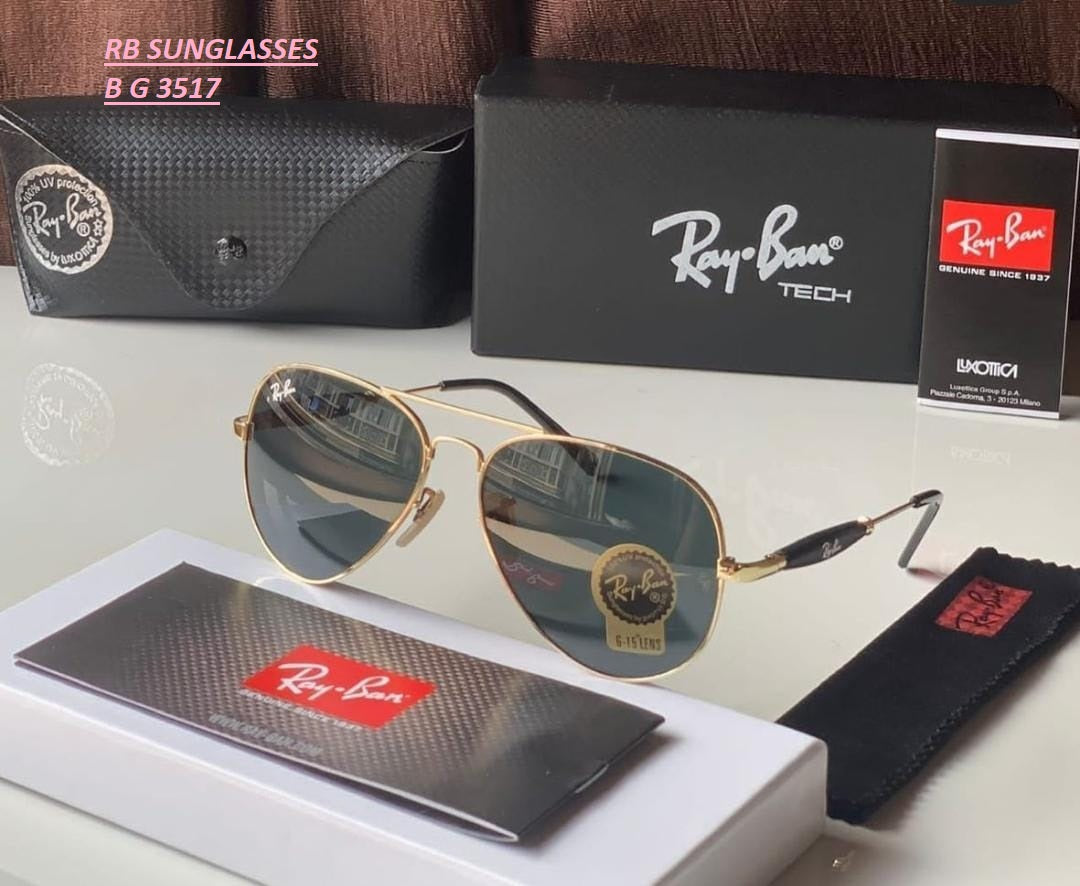 Ray-Ban Stylish New Oval Shape Black & Gold 3517 Sunglasses For Men.